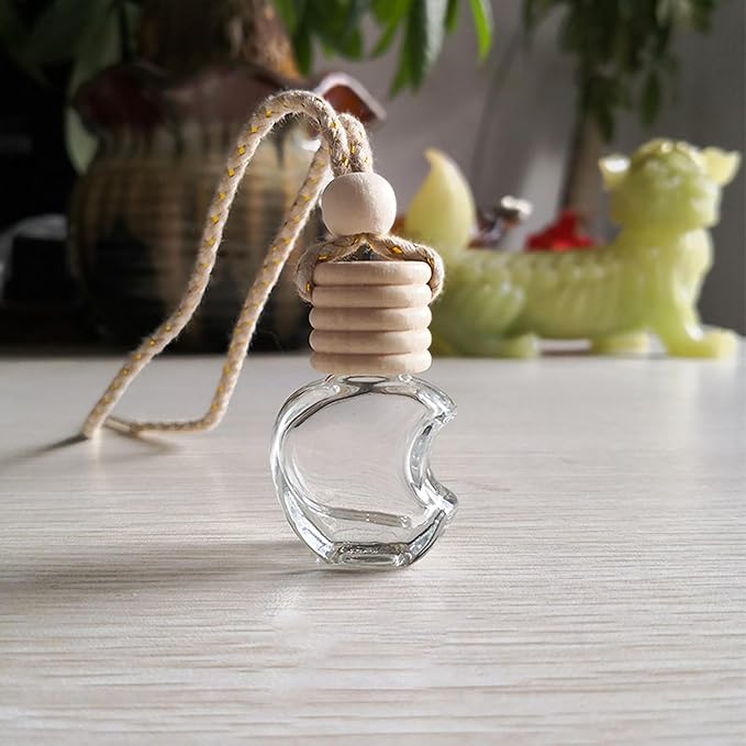 5PCS Hanging Car Air Freshener, Auto Interior Decoration 8 ml Oil Diffuser Perfume Aromatherapy Pendant Empty Glass Bottle, Fragrance Ornament with Vent Clip Wooden Cap and Rope (Apple)