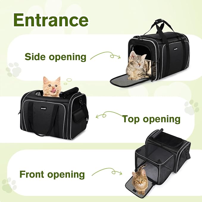 Pecute Cat Carrier Expandable, Extra Large Pet Carrier Bag, Foldable Cat Carrier Bag with Breathable Mesh, Pet Carrier Transport Bag for Dogs and Cats, with Shoulder Strap and Pet Bowl, Black