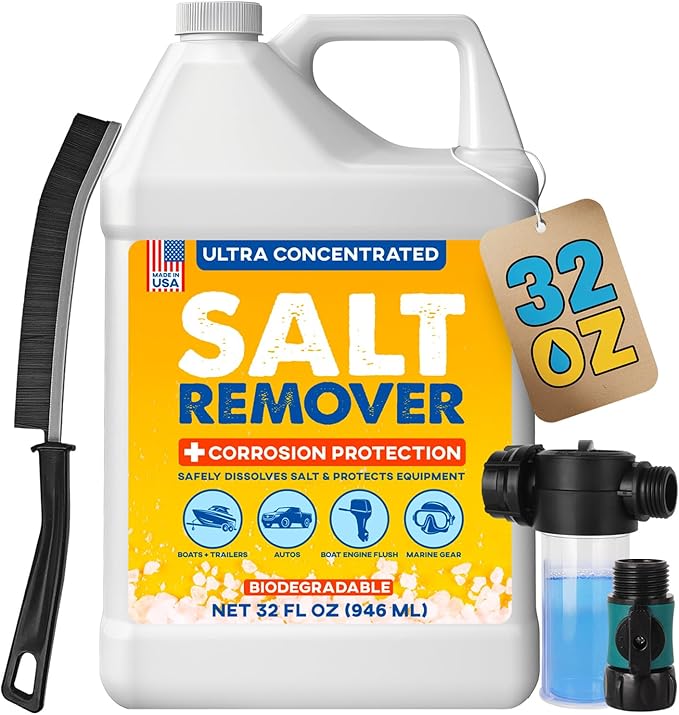 Concentrated Salt Remover Flush Kit + Corrosion Protection – Made in USA | Salt Cleaner Ideal for Boats, Cars, Marine Engine & Outboard Motor Flush, Washes Salt Away from Vehicles, & Trailers | 32 oz