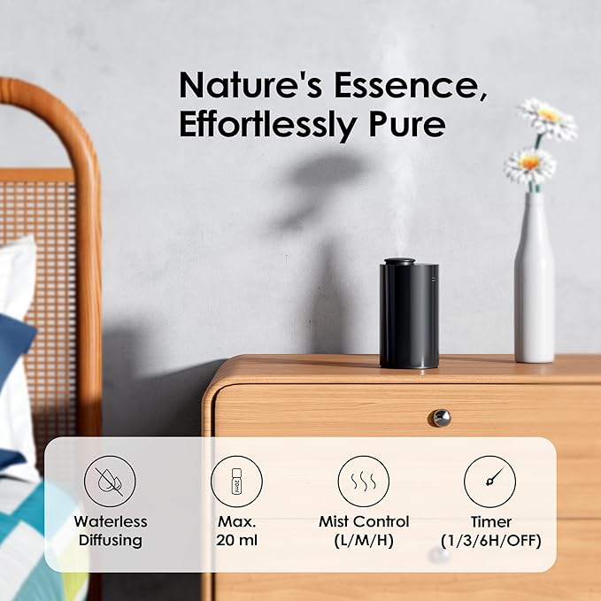 Airversa Waterless Essential Oil Diffuser Starter Kit with 2x20mL Hotel Fragrance Oils for Car Home Office, Cordless Battery Operated Scent Air Freshener Diffuser, Mist & Timers, AN6Kit-B Black