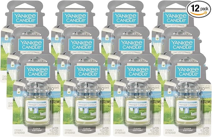 Yankee Candle Car Air Fresheners, Hanging Car Jar Ultimate, Neutralizes Odors Up To 30 Days, Clean Cotton, 0.96 OZ (Pack of 12)