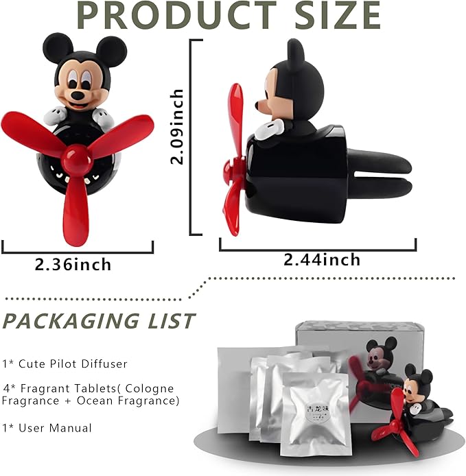 Car Air Fresheners Cute Cartoon Mouse Pilot Car Diffuser Rotating Propeller Automotive Air Outlet Fan Creative Car Perfume Decoration Cool Car Accessories (Men)