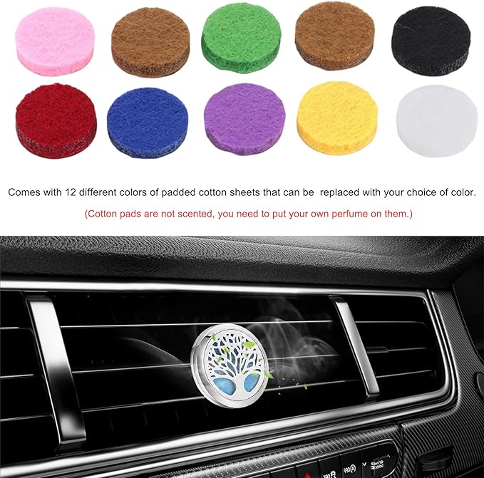 2PCS 30mm Car Diffuser Vent Clips, Tree of Life Aromatherapy Essential Oil Diffuser Locket with 12 Felt Pads, Stainless Steel Car Diffuser Locket Air Freshener (Style 2)