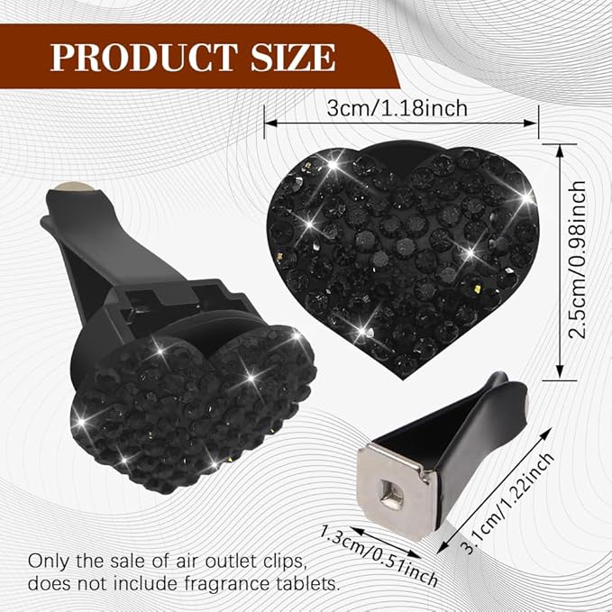2PCS Heart-Shaped Car Vent Clip with Rhinestone, Car Vent Accessory, Bling Heart Charm Air Conditioning Outlet Clip, Auto Diffuser Air Freshener Charm for Women Girls (Black, Heart)