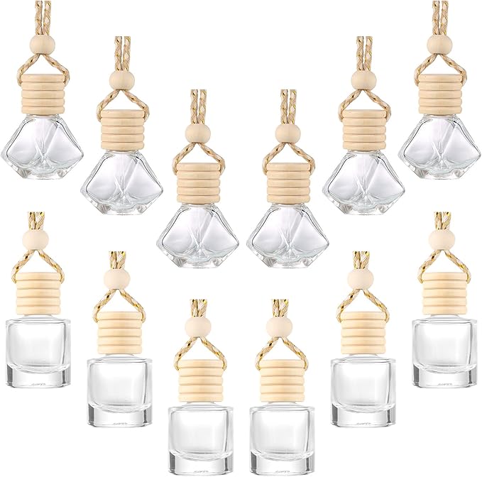 Patelai 12 Pcs 8ml Hanging Car Air Freshener Perfume Bottle Empty Clear Glass Essential Diffuser Oil Aromatherapy Fragrance Perfume Pendant Glass Bottle Decor(Classic Style)