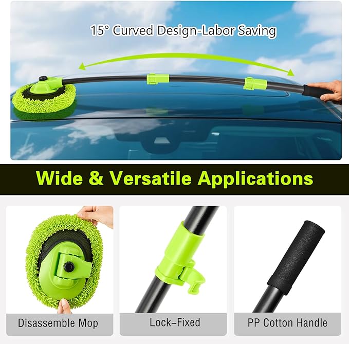 Car Wash Brush with Long Handle - 15° Curved Extendable Car Wash Mop,Soft Car Washing Brushes with Extra Microfiber Mop Head for Truck SUV Cleaning Not Hurt Paint Scratch Free