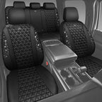 CAR PASS Bling Diamond Black Leather Car Seat Covers Full Sets Interior Sets, Waterproof Shining Glitter Sparkly Crystal Universal Armrest Fit Automotive Truck SUV Cute Women Girl, Black PU Rhinestone