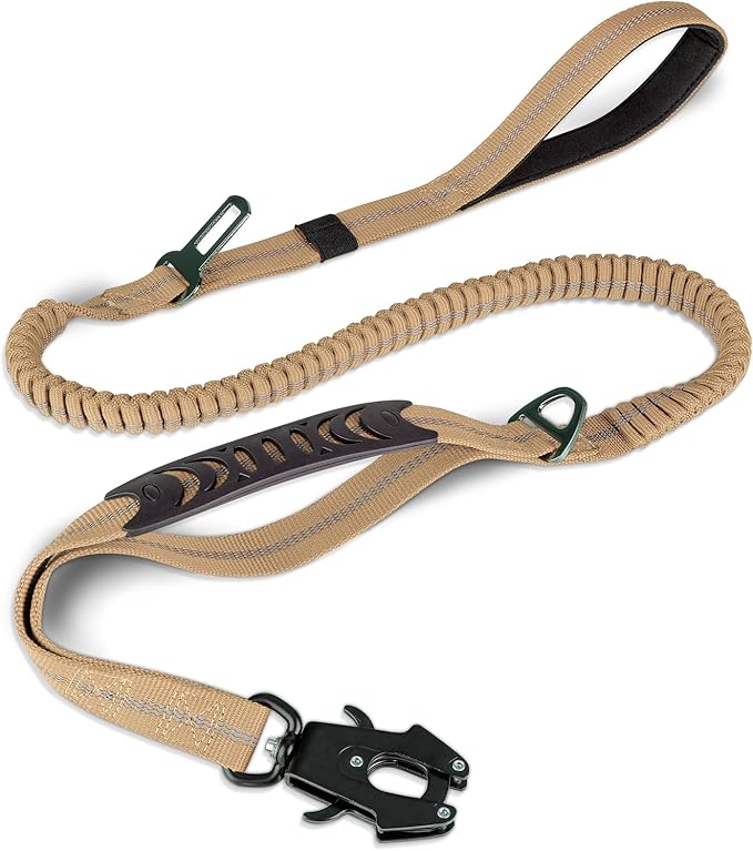 Joytale Tactical Dog Leash Heavy Duty, 4-6FT Shock Absorbing Bungee Lead with 2 Padded Handle, Metal Carabiner Clip, Car Seatbelt, Strong No Pull Leash for Medium Large X-Large Dogs, Coyote Brown