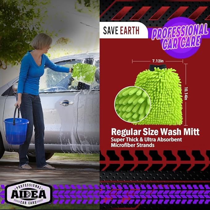 AIDEA Car Wash Mitt Microfiber, 2PK Scratch Free Lint-Free, Premium Chenille Microfiber Mitt Car Wash Brush, Green & Blue, Regular Size 7.12''X10.14''