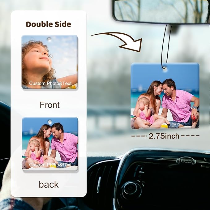 Personalized Photo Car Hanging Decor Accessories, Double-Sided Custom Picture Car Air Freshener Ornament, Car Charms for Rear View Mirror (Square)
