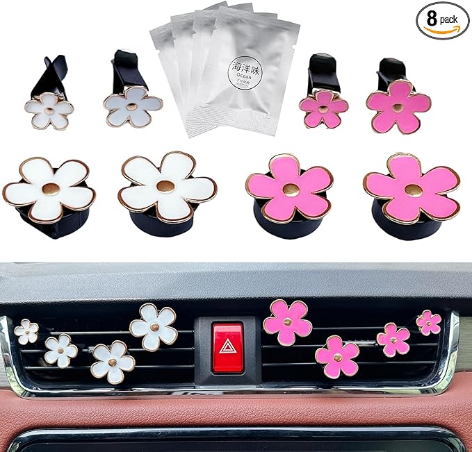 8pcs Cute Five-Petal Flower Car Air Vent Fragrance Clip Daisy Car Air Freshener Air Conditioning Outlet Clip Car Inter Decor (white pink, Ocean)