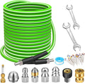 West Bay Sewer Jetter Kit 100 FT for Pressure Washer, 5800 PSI Drain Cleaner Hose 1/4 Inch NPT Corner Rotating and Button Nose Sewer Jetting Nozzle Spanner Watertight Tape Pearl Corsage Pin(Green)