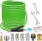 West Bay Sewer Jetter Kit 100 FT for Pressure Washer, 5800 PSI Drain Cleaner Hose 1/4 Inch NPT Corner Rotating and Button Nose Sewer Jetting Nozzle Spanner Watertight Tape Pearl Corsage Pin(Green)