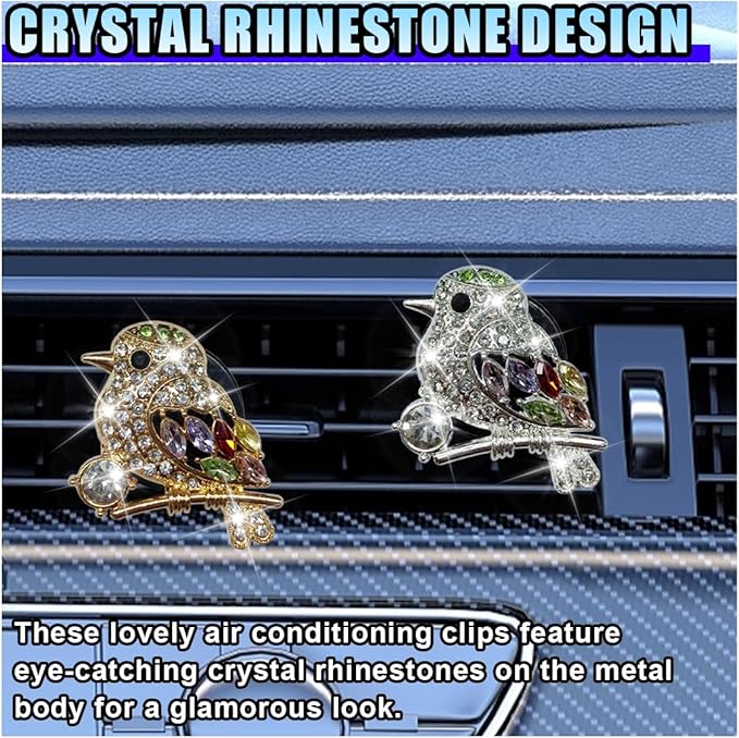 2PCS Bling Bird Car Air Vent Clips, Crystal Rhinestone Auto Air Conditioning Outlet Clip, Cute Car Vent Decorative Clip, Auto Interior Decoration Charm for Women (Bird)