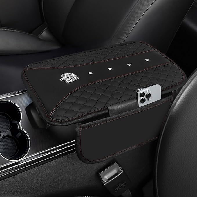 NBTEPEM Bling Crown Car Center Console Armrest Cover, Leather Middle Console Cover Cushion with 2 Storage Bags, Car Armrest Storage Box Interior Accessories for Most Vehicles(Black)