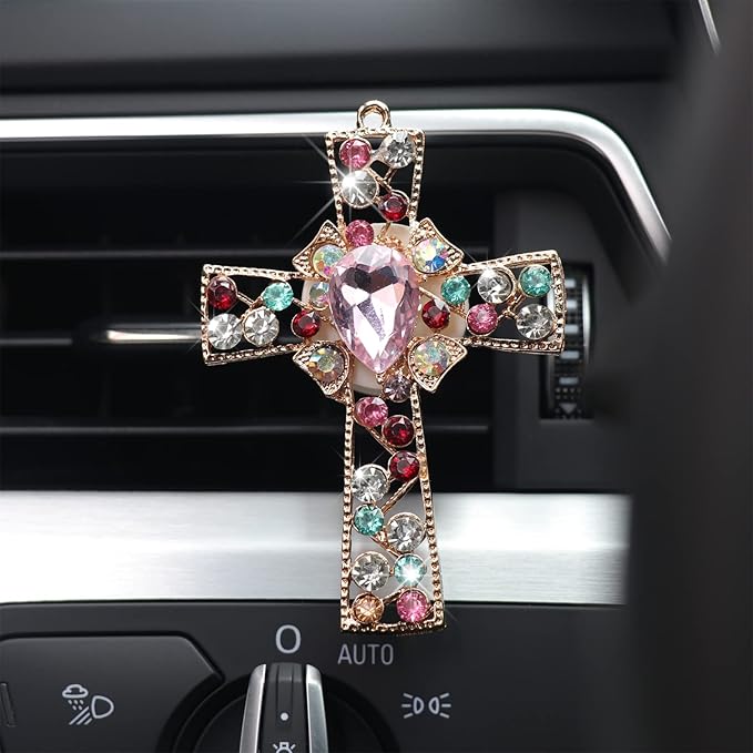 HungMieh 1PCS Bling Car Accessories for Women, Rhinestone Car Décor Interior, Car Charm Air Vent Clip with Pads for Fragrance (Cross Gemstone)