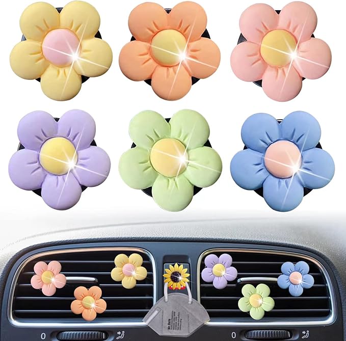 Cute Daisy Air Vent Clips, 6 Pcs Flower Air Fresheners Vent Clips Diffuser Vent Clip Charm Car Decoration for Women Cute Car Interior Decor Accessories +Sunflower Mask Hook