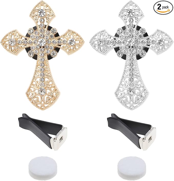 2PCS Cross Car Air Vent Clip Shiny Rhinestone Car Essential Oil Diffuser Car Interior Charm Decoration Accessories for Women Men Auto Interior Decor
