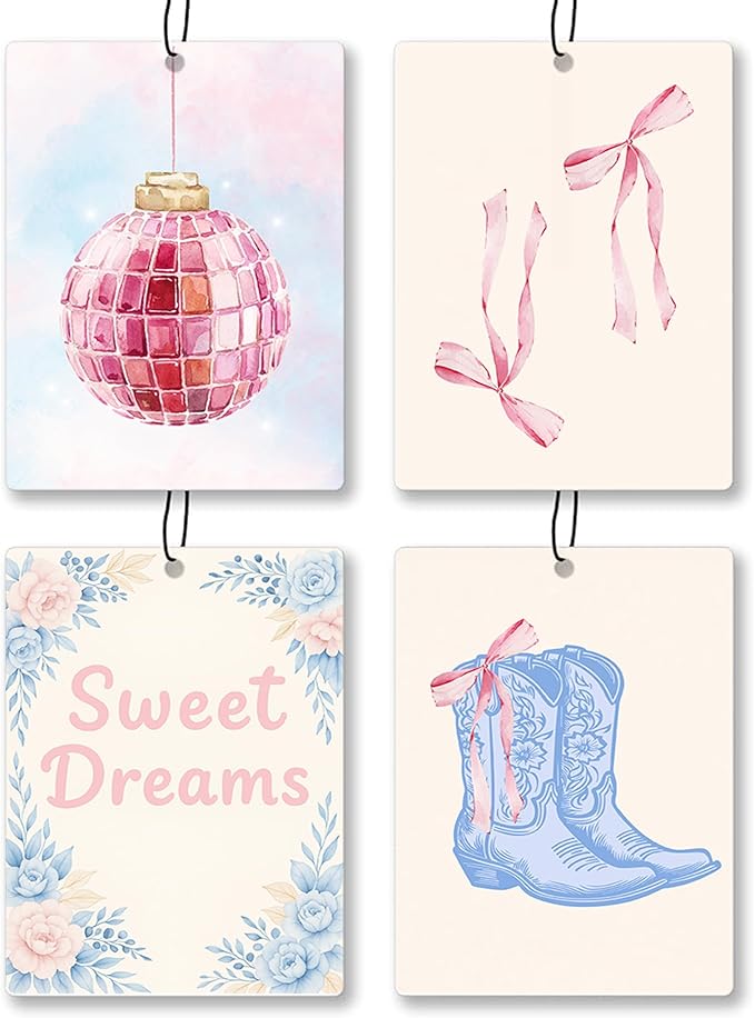 Preppy Coquette Pink Bow Car Air Freshener 4 Pcs - Trendy Pink Bow Cowgirl Disco Ball Air Freshener Hanging Decor for Cars Closet Drawer Books, Preppy Western Car Accessories Mirror Decor for Women