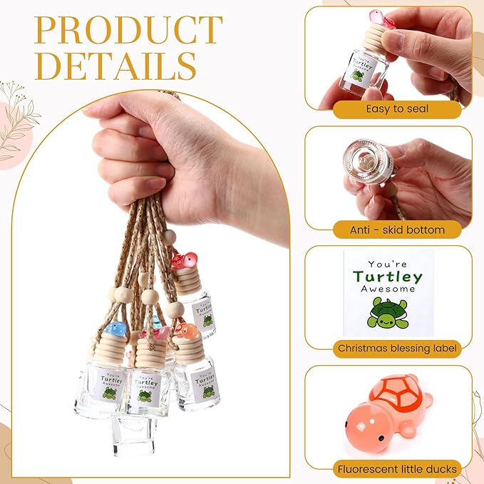 24 Set Hanging Car Air Freshener Car Diffuser Bottles Empty Bulk Employee Appreciation Gifts Glass Perfume Bottle with Resin Turtle and You're Turtley Awesome Tags for Essential Oil