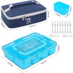 Snack Box Container with Insulated Cooler Bag, Divided Serving Tray with Lid and Handle Beach Essentials, Snackle Box Veggie Fruit Tray with 8 Compartments & 8 Forks & 2 Spoon Blue