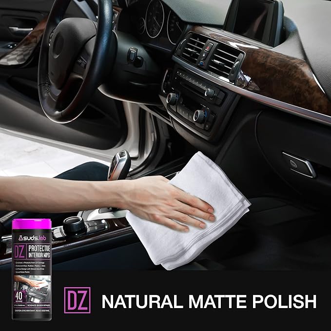 Suds Lab DZ Protective Interior Wipes, Interior Shield Car Protectant Wipes, Clean and Protect Automotive Surfaces from UV Damage, Fading, and Dust Buildup, Natural Matte Polish, 40 count
