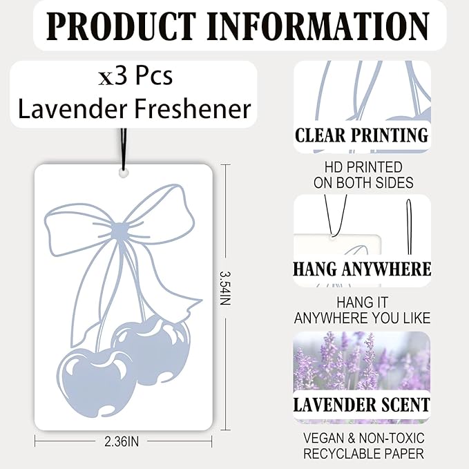 Coquette Blue Bow Cherry Lavender Car Air Freshener 3 Pcs, Preppy Girly Poker Ribbon Cherry Air Freshener Hanging Decor for Cars Closet Drawer Books, Cute Accessories Gifts for Women Girls