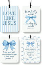 Inspirational Christian Car Air Freshener 4 Pcs, Blue Coquette Bow Religious Hanging Air Freshener for Cars Closet Drawer Books, Girly Christian Car Accessories Mirror Decor for Women