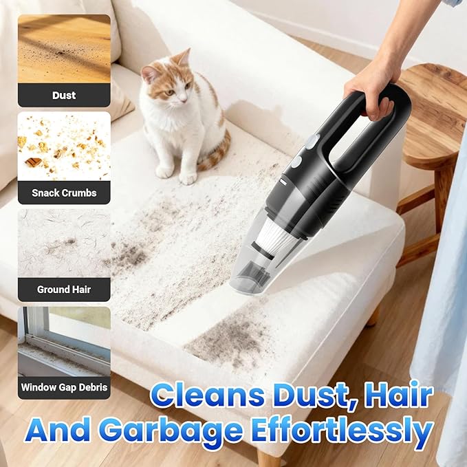 Handheld Vacuum Cordless Car Vacuum Cleaner 11000PA High Power Portable 1.4lbs Lightweight Rechargeable with 2 Filter Multi-Nozzles for Home Office Pet Hair Dust