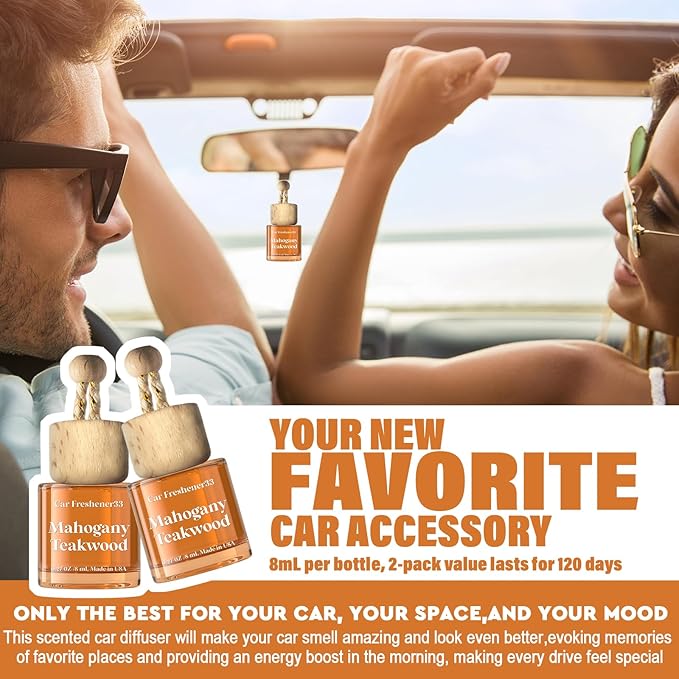 C Classy Car Air Freshener Hanging 2 Pack, Mahogany Teakwood Brown Bottle Essential Oil Diffuser for Cars, Cute Car Accessories, Long-Lasting Fragrance, Fresheners for Women & Men Gift, Made in USA