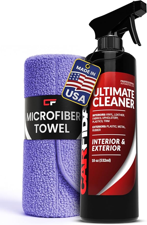 Carfidant Ultimate Car Interior Cleaner - Professional Stain and Odor Remover for Leather, Fabric, Carpet - Tesla Safe, Pet & Kid Friendly - Works on All Interior Surfaces - 18oz + Microfiber Towel