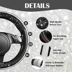 CAR PASS Universal Black Leather Lace Car Seat Covers Full Set for Women Girls,Waterproof Car Floor Mats Carpet,Glitter Steering Wheel Cover for Cars Accessories Interior Sets (Black)