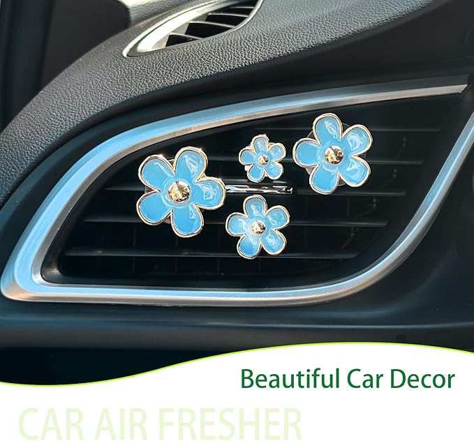 4pcs Flowers Air Vent Clips Car Air Freshener,Girly Flowers Car Accessories for Women,4 Sizes Light Blue Daisy Flower Car Vent Clips Cute Car Decor,Refillable Car Diffuser