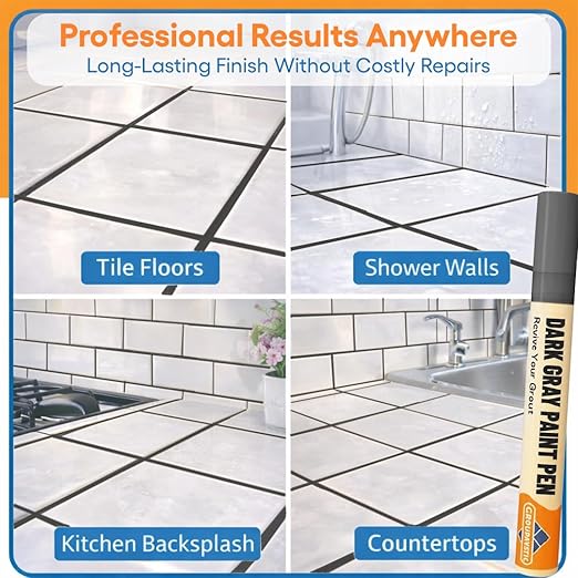 Dark Gray Grout Paint Pen Tile Grout Colorant & Sealer Marker, Quick-Dry, Ideal for Bathroom, Shower, Kitchen Tiles Restores Grout Lines, 3 Adjustable Tips (2-3 mm) 2 Pack