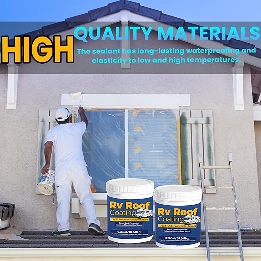 0.52Gal/69.28Fl.oz Liquid Rubber Rv Roof Coating White Waterproof Sealant Camper Roof Repair Solar Reflective Wooden Brush Putty Knife Nitrile Gloves Paint Roller Drywall Repair Tape