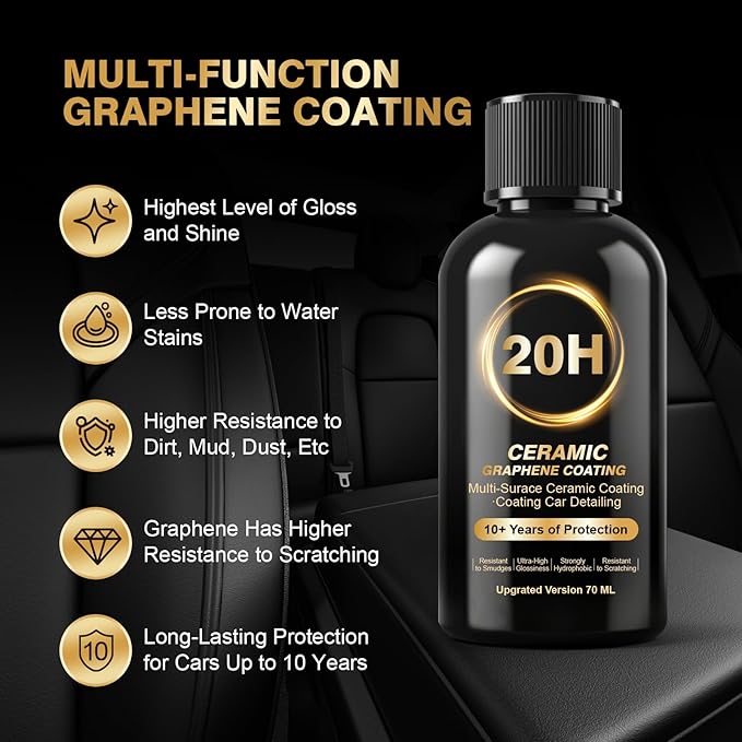 20H Professional Graphene Ceramic Coating for Cars: Car Detailing Kit, 10+ Years Protection, Hydrophobic, Scratches & UV Resistant, High Gloss Finish, Easy Application, 70 ml
