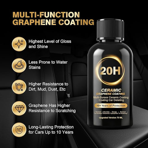 20H Professional Graphene Ceramic Coating for Cars: Car Detailing Kit, 10+ Years Protection, Hydrophobic, Scratches & UV Resistant, High Gloss Finish, Easy Application, 70 ml