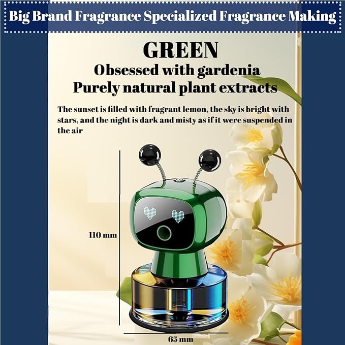 Robot Intelligent Aromatherapy Machine, Smart Cute Robot Car Air Freshener - Fine Spray/Fillable/Four-Gear Adjustment/Vibration Sensing/On-Off/Large Capacity Long-Lasting Fragrance/Green-V2(Gardenia)