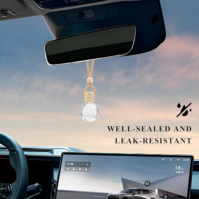 4 PCS Hanging Car Air Freshener, Empty Clear Glass Bottle Pendant Essential Oil Diffuser with Wooden Cap, 8ml Refillable Aromatherapy Bottle Perfume Ornament for Most Vehicles (Oblate)