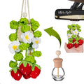 Crochet Car Air Freshener, 15ml Empty Refillable Oil Diffuser Bottle With Crochet Strawberry Hanging Plant for Car Accessories, Crochet Plant for Rear View Mirror Decor, Home and Office Decor