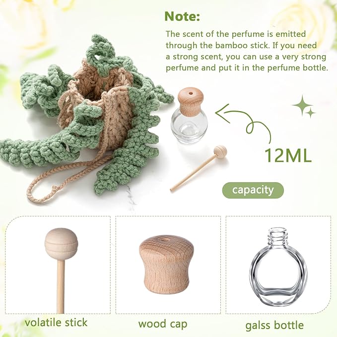 Cute Crochet Plant Car Freshener 12ml Empty Refillable Diffuser Bottle with Plants Hanging Accessories for Rearview Mirror Home Office Decor Women Mother's Day Gifts(Fern)