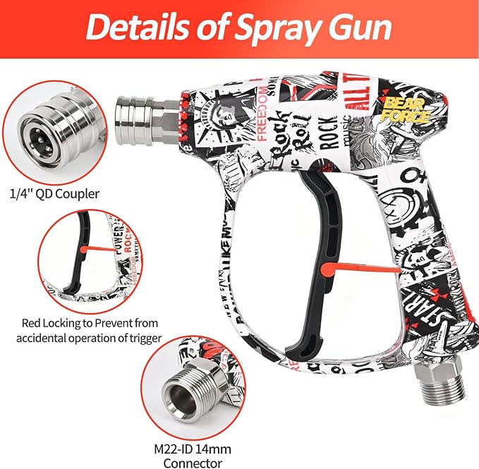 BEAR FORCE Pressure Washer Color Painted Short Spray Gun M22-ID14mm Max 3000 PSI & Foam Cannon Foam Gun Set, for Kar-Cher Pressure Washer, Light Duty Foam Lance Thick Foam Blaster, Car Care Detailing