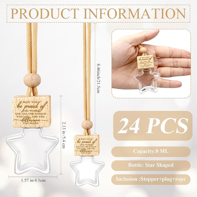 24 Pcs Star Shaped Car Fragrance Diffuser Bottle Bulk - Appreciation Gifts Set Hanging Glass Diffusers with Inspirational Message for Coworker Teacher Staff Thank You Gift (Be Proud of)