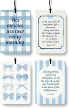 Preppy Blue Christian Air Freshener 4 Pcs, Coquette Blue Bow Religious Bible Verse Hanging Air Freshener for Cars Closet Drawer Books, Girly Christian Car Accessories Mirror Decor for Women