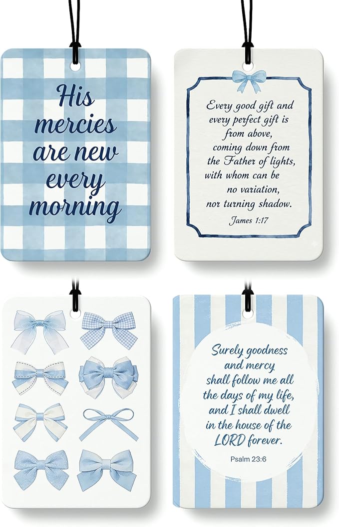 Preppy Blue Christian Air Freshener 4 Pcs, Coquette Blue Bow Religious Bible Verse Hanging Air Freshener for Cars Closet Drawer Books, Girly Christian Car Accessories Mirror Decor for Women