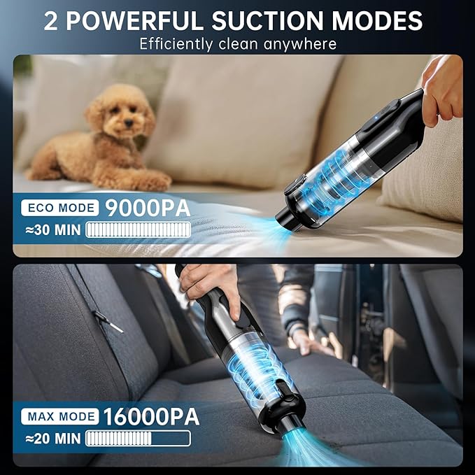 Handheld Vacuum Cordless, 16000Pa Powerful Suction, Lightweight at 1.3 lbs, Type-C Charge, Multiple Accessories, Rechargeable Car Vacuum Cleaners for Home Office Pet