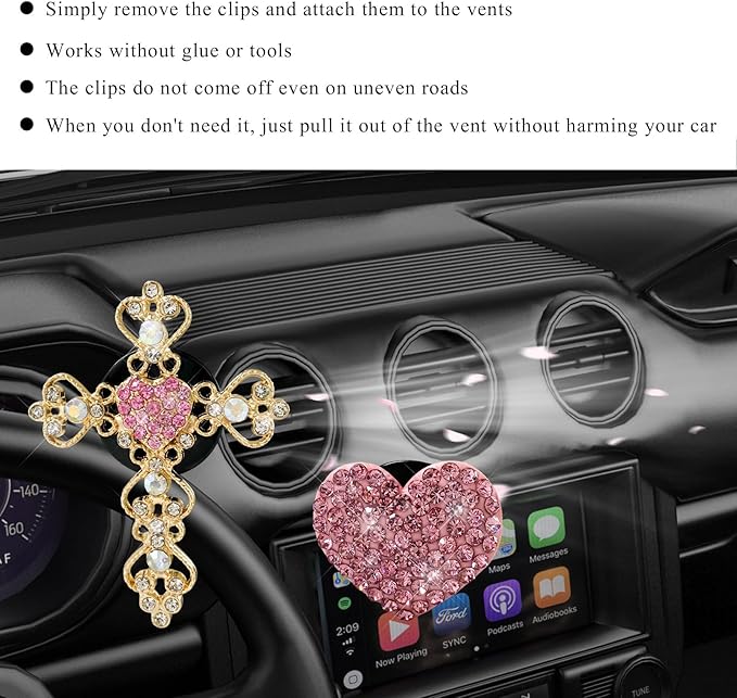2 PCS Bling Car Vent Clip, Crystal Rhinestone Cross and Heart Car Air Fresheners Vent Clips, Diamond Car Air Conditioner Outlet Decoration Charm for Women, Car Accessories (Pink)