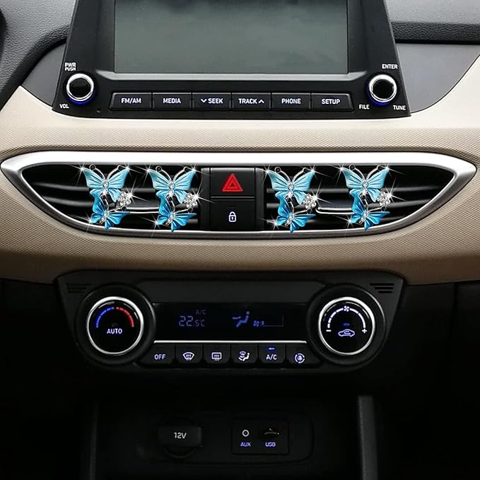 Car Air Fresheners Vent Clips for Women, Cute Dual Butterfly Diamond Rhinestone Air Freshener Vent Clip Sparkly Bling Car Accessories for Women (Blue)