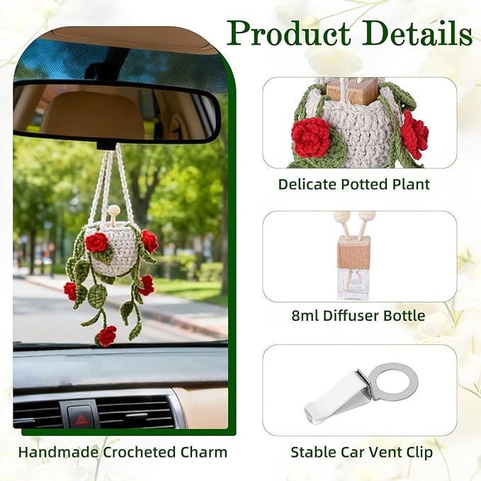 Crochet Car Air Freshener, 8ml Empty Refillable Oil Diffuser Bottle with Hanging Crochet Red Rose Plant & Hanging Tools, Car Rearview Mirror Diffuser for Wall Art & Home & Office Decoration