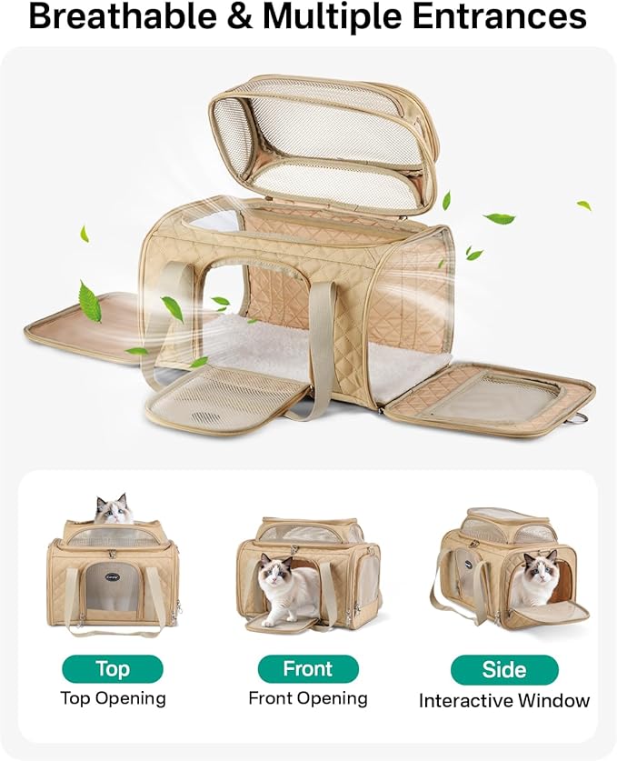 Cat Carrier Airline Approved 17x11x9.5 Inches, Top Expandable Soft Sided Pet Travel Carrier for Cats & Small Dogs, Fits Under Airline Seat with Locking Zippers, Brown
